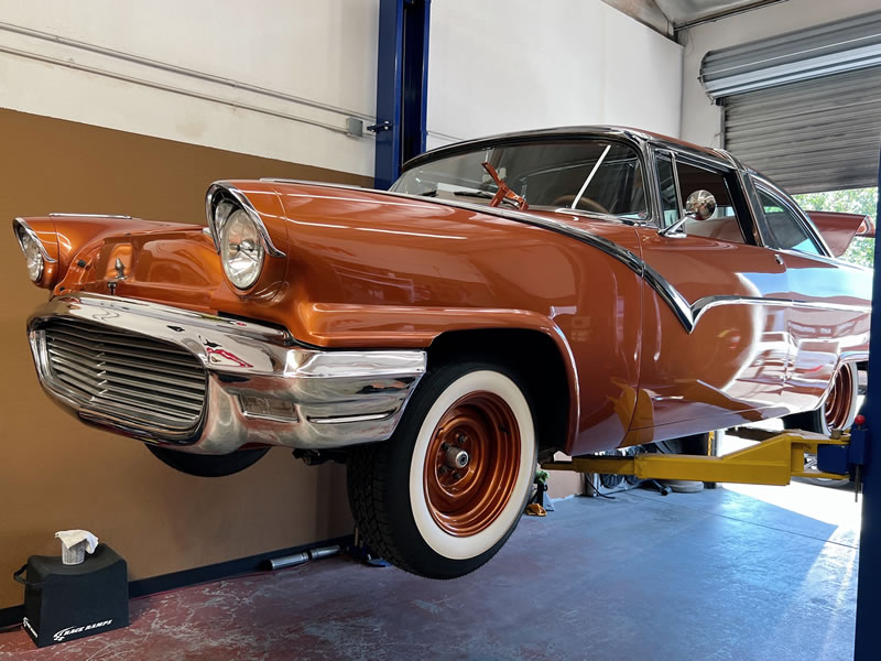 1955 Ford Fairlane Crown Victoria Custom (Restoration On Lift: Left Front Angle)