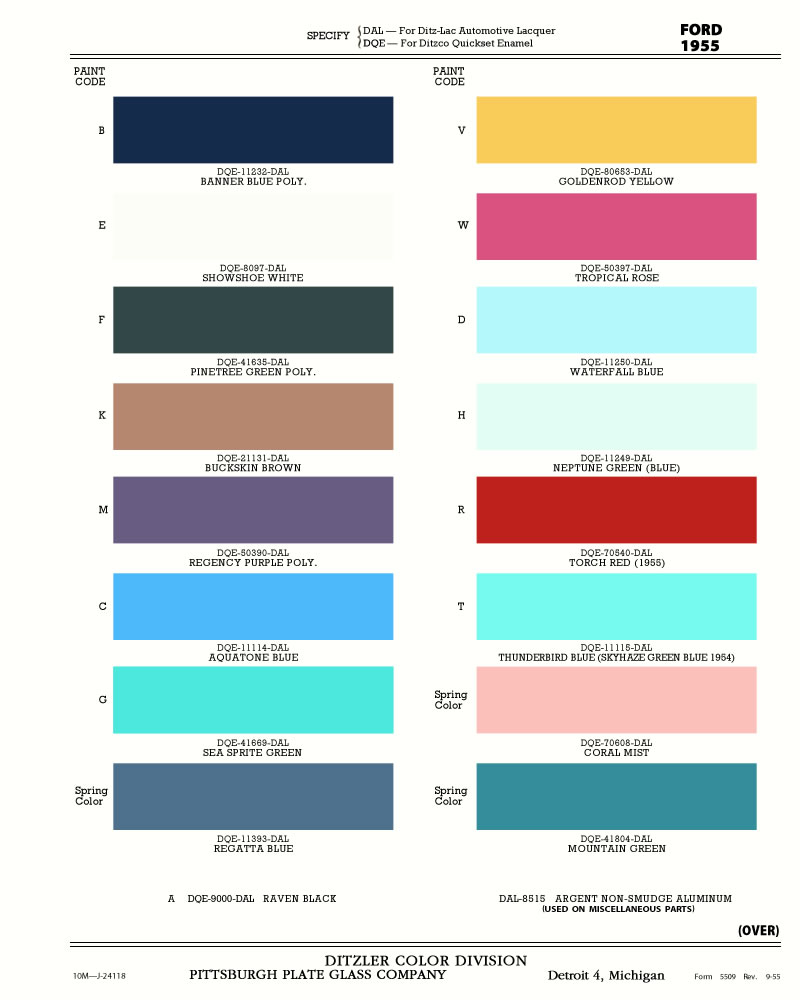 1955 Ford Paint Codes - Ditzler Color Division